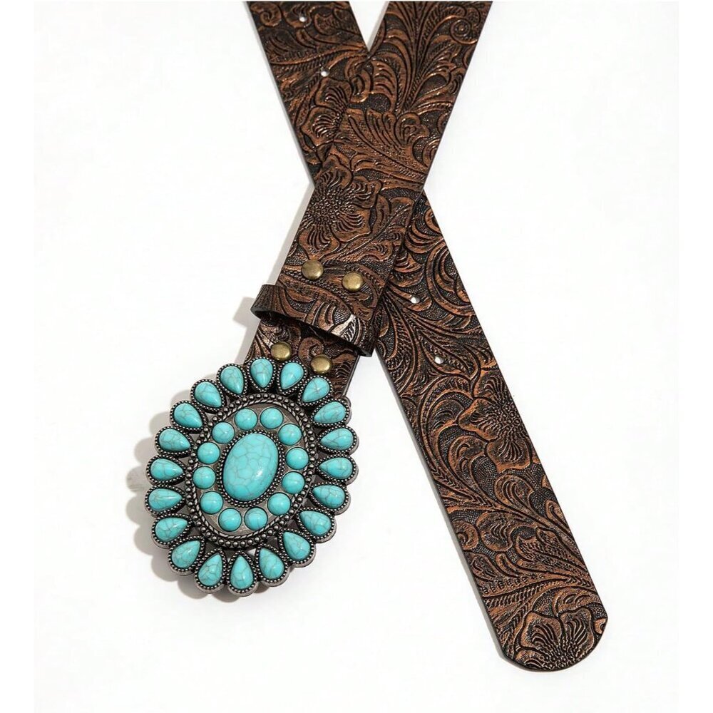Women's Faux Leather Western Belt Turquoise Buckle Casual Dress Accessory - Picture 4 of 5